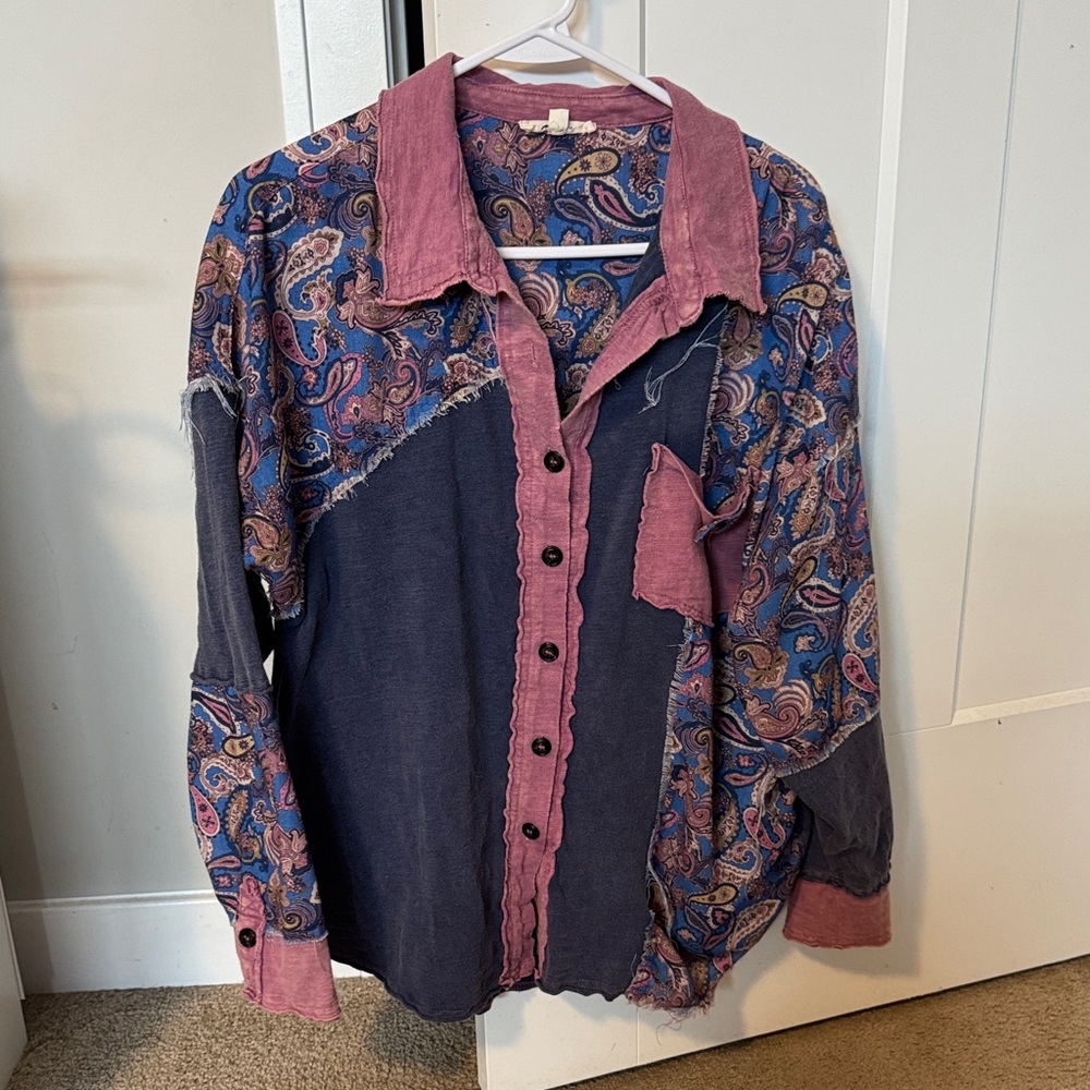 Men's Casual Paisley Patchwork Shirt - Blue and Pink